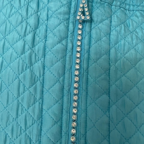 Quacker Factory women’s Aqua full zip Reinstone Detail quilted Jacket 100%silk L - Picture 2 of 8